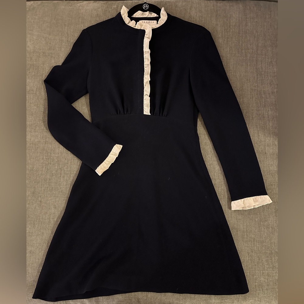 Navy blue ruffle detail dress silk